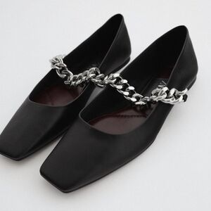 ZARA Flat Black Leather Shoes with Chain Mary Jane Rocker Ballerinas Size 40 EU